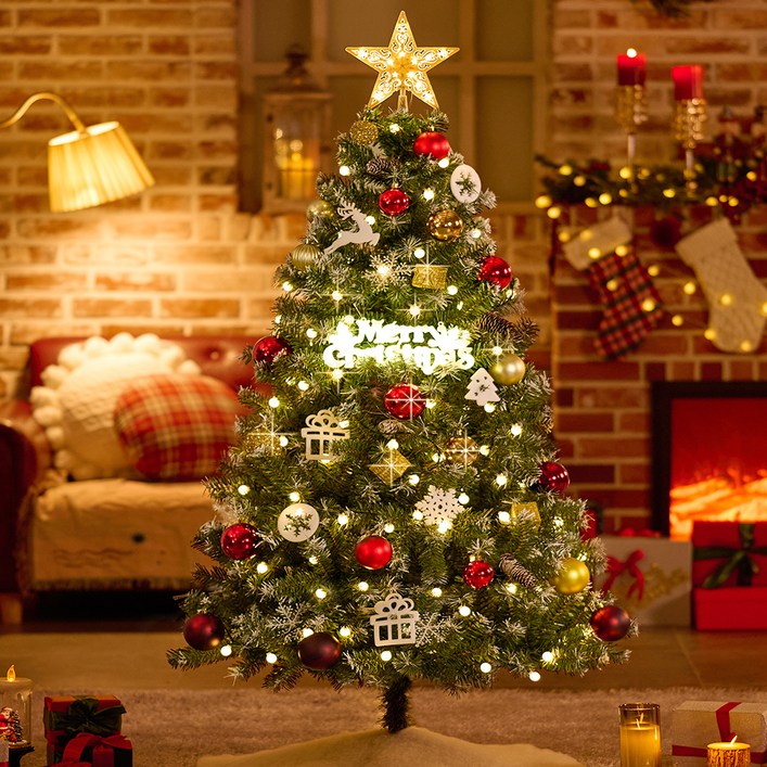 홍트리 크리스마스 트리  LED 전구  장식 세트, 골드밤 레드닷, 1.6m