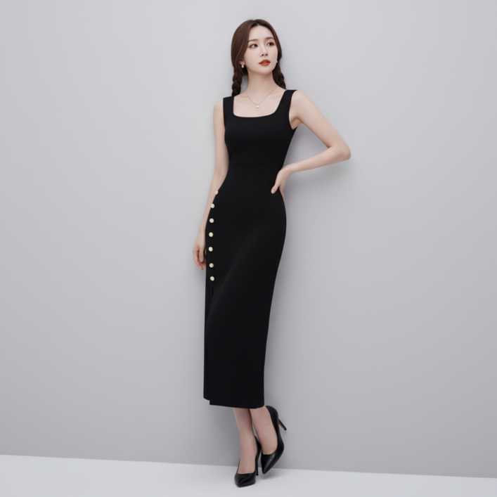 구디프 여성용 U넥 사이드버튼 슬림핏 민소매 니트 원피스