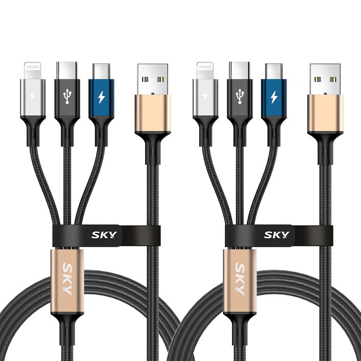 SKY 비트 27W 3IN1 케이블 USB AC타입, 2m, 2개, 블랙