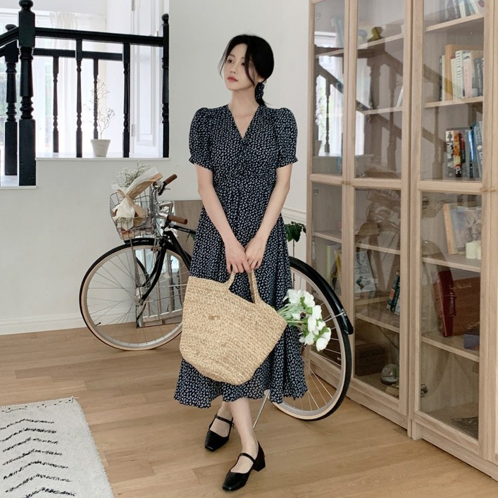 잇진 여성 여름 플라워 퍼프 반팔 롱 원피스  헤어끈 세트