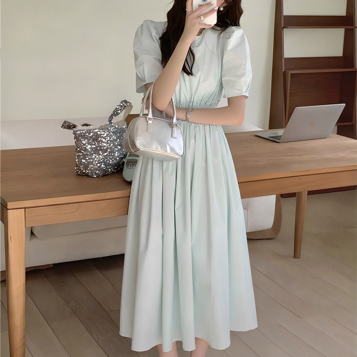 타니즈 람테 러블리 스모크밴딩 퍼프 코튼 여성 반팔 롱원피스