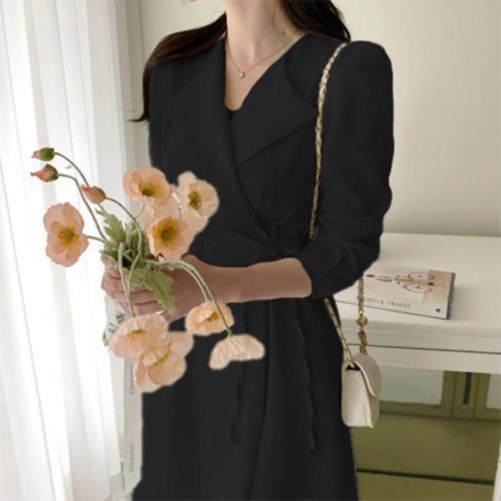 쪼예 하객룩 핀턱 허리 스트랩 긴팔 하프 롱 셔츠 원피스