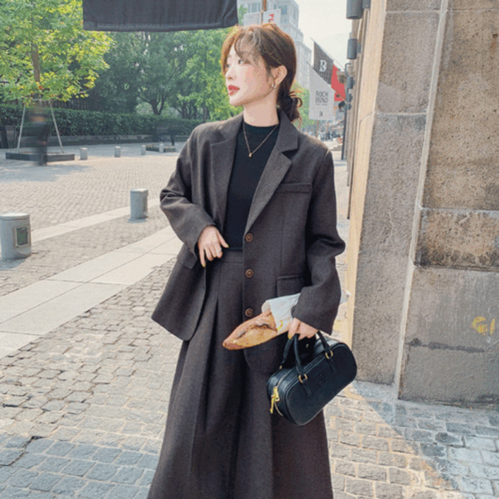 하객룩 여성투피스 정장 핀턱스커트 허리밴딩스커트 2컬러 그레이 브라운