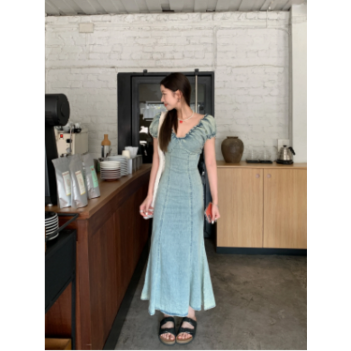 여성 데님 롱 원피스 레트로 플리츠 브이넥 퍼프 소매
