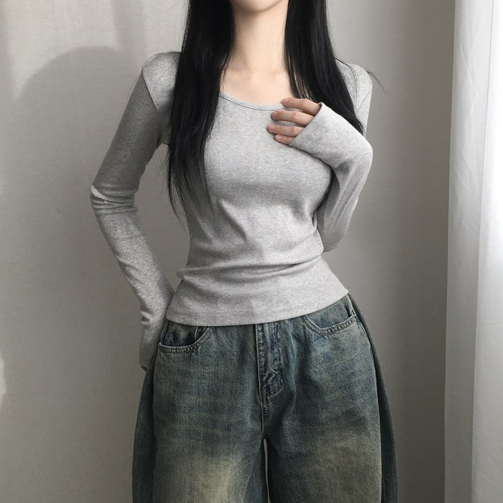 손등덮는 여리핏 코튼 유넥 기본무지 긴팔티셔츠  3color