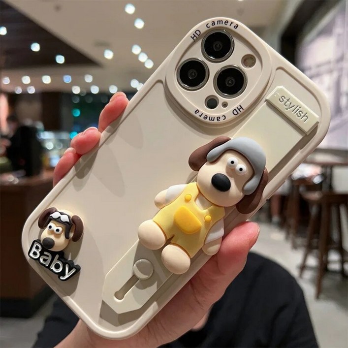 아이폰15프로 15PRO 귀여운 그로밋 강아지 입체 스트랩 거치대 실리콘 케이스