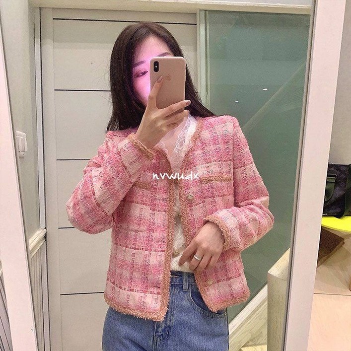 산드로더피 핑크 패셔타 미녀 스라 숏코트 여한판 트위드 짜임 카디건 톱