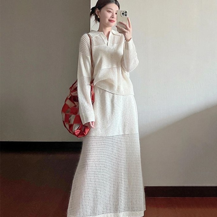 COSYEVNO 여성투피스세트 가을 빅사이즈 브이넥 빈티지 엘레강스 루즈핏 캐주얼 긴팔 트레이닝 상의스커트 투피스 CXJtz40