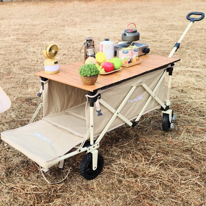 캠프365 파파웨건 스포츠 베이지 아웃라이더 감성 우드상판 롤 테이블 세트 나무 접이식 캠핑 웨건 카트