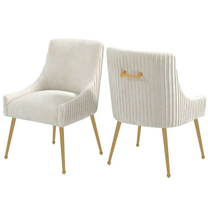 럭셔리 벨벳 식탁의자 등받이 주름 디자인 골드다리 암체어 홈카페 체어 아이보리, 2개, 베이지색