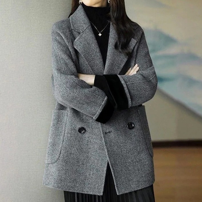 홍언목요 여성 헤링본 자켓 가을 겨울 더블버튼 하프 모직 자켓 데일리룩 하객룩 오피스룩