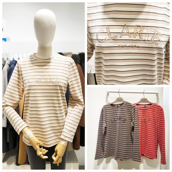 올리비아로렌 도톰한 스트라이프 자수 라운드넥 기모 티셔츠 nc청주점 vvbal4w9281