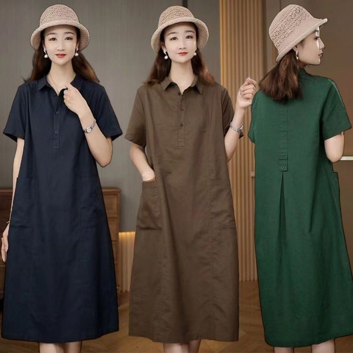 중년여성 여름 반팔 카라넥 면마원피스 시원한 라운드 린넨 여름원피스 빈티지 단추 롱셔츠