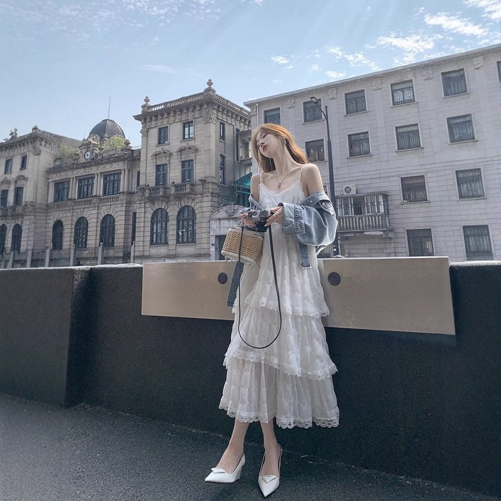 Seofst 크림화이트 원피스 데님자켓 민소매 원피 여름 신상 해변 바캉스 비치 스커트 민소매 나시 스커트 신상품 출시 빠른 배송 ZZTFZ005