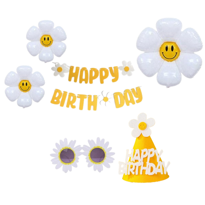 연지마켓 생일파티 용품 세트 데이지 풍선 생일 가랜드 안경 고깔, 1세트, 13)옐로우 기본