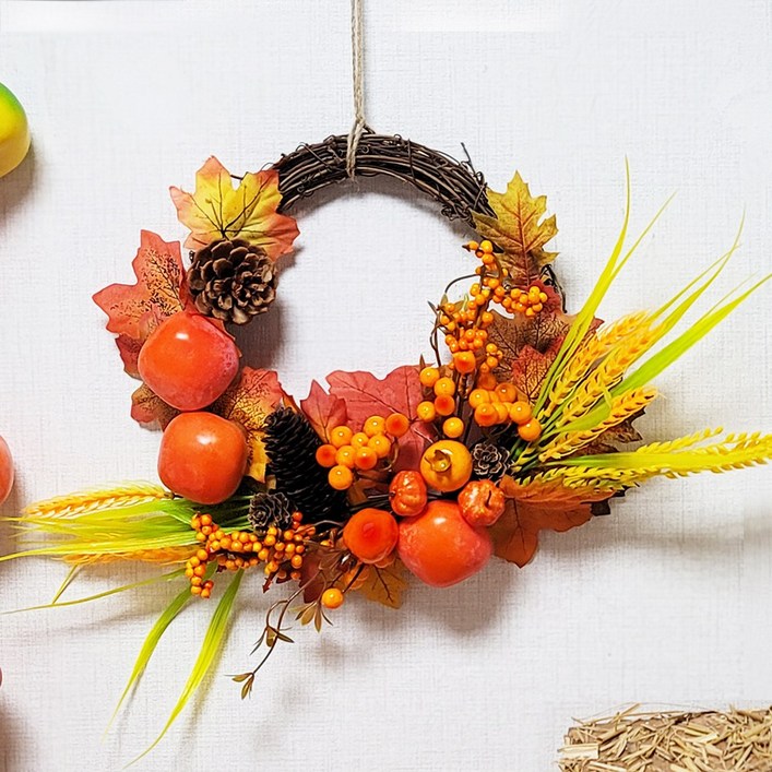 Her1088 단풍잎 열매가득 가을 리스 조화 추수감사절 호박 솔방울 장식