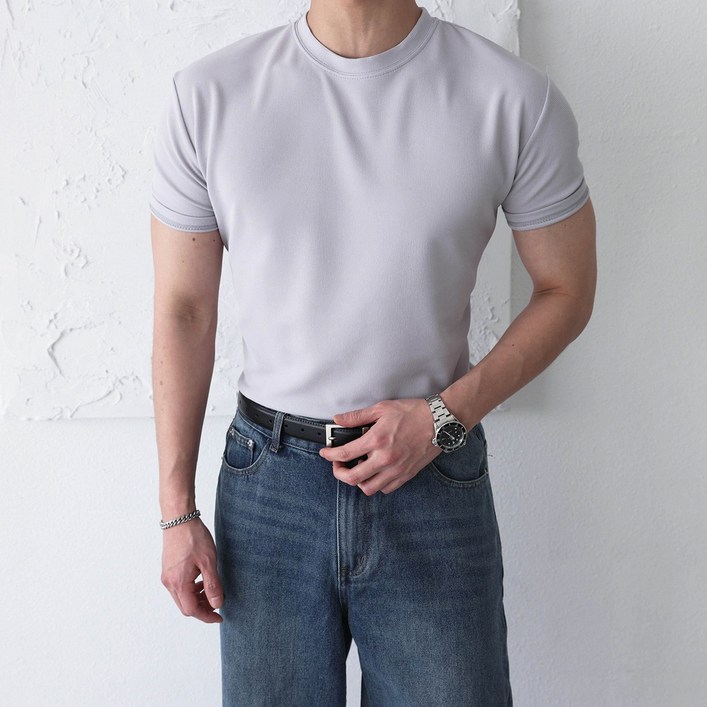 베이직바이블 남자 머슬핏 헬스 운동 반팔티 부드러운 무지 라운드 기능성 짐웨어 슬림 남성