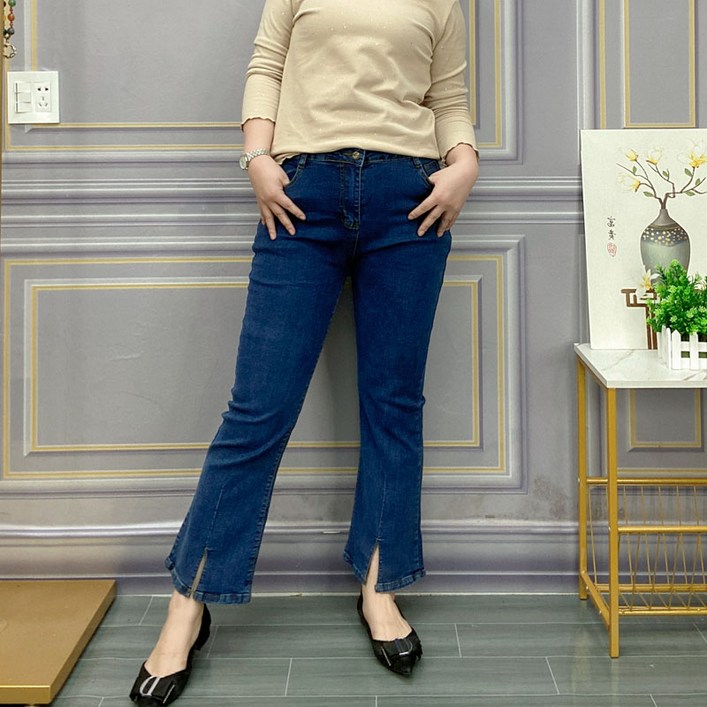 빅 사이즈 여성 데님 슬림 9분 트임 청바지 부츠컷 팬츠