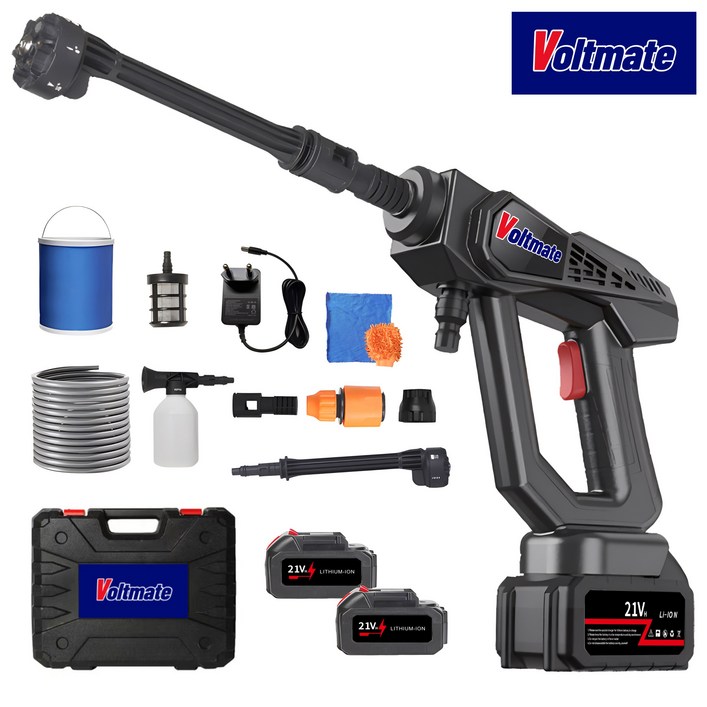국내발송 VoltMate 무선 고압세척기 고압세차기 휴대용 세차기 6in1 다기능 4000mAh 듀얼 배터리 5m 호스, 접이식 물통 등 세트 포함, 블랙, 8107