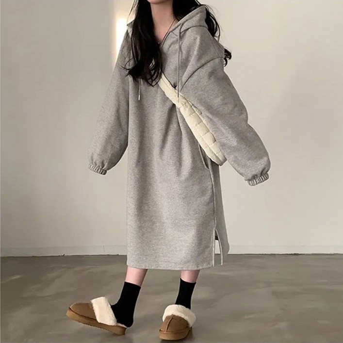 집에서 입는 기모 후드 롱 원피스