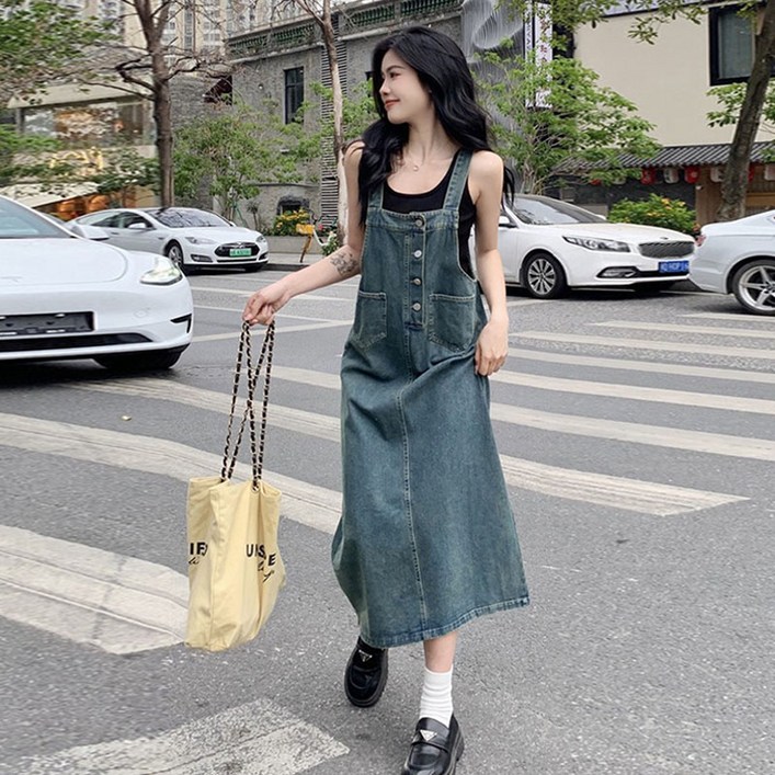 POMTOR 빅사이즈 캐주얼 포켓 데님 나시 원피스 여성 멜빵 청 치마