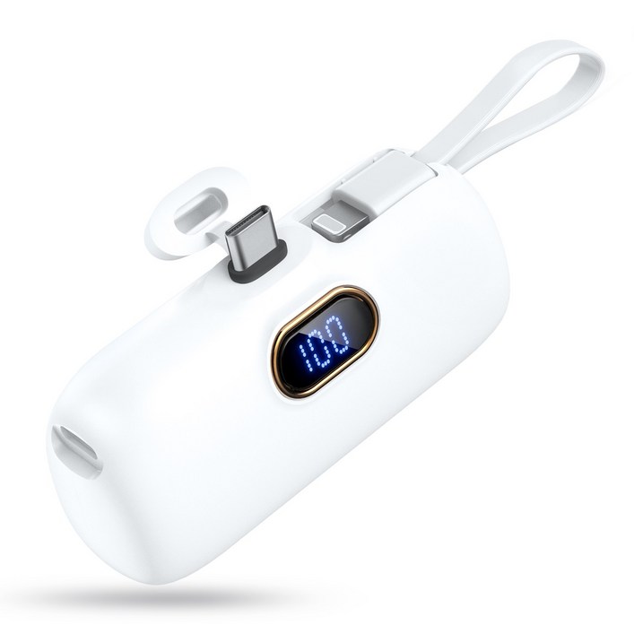 OGIVA 보조배터리 5000mAh 미니 LCD 잔량표시 일체형 8핀 C타입 포켓 배터리, WHITE