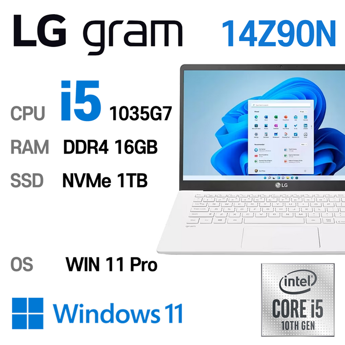 LG중고노트북 그램 14인치 인텔 10세대 core-i5 1035G7 16GB 윈도우11 Pro설치 14Z90N, 14Z90N-VP50ML, WIN11 Pro, 16GB, 1TB, 코어i5 1055G7, 스노우 화이트 4