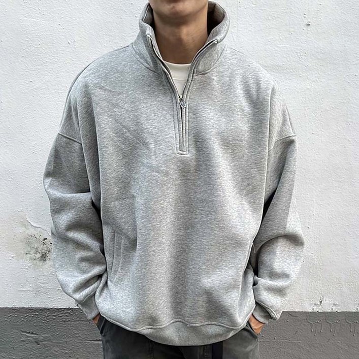 남성 반집업 루즈핏 하이넥 긴팔 맨투맨 무지 캐주얼 데일리 오버사이즈  봄 가을용 베이직 코디  아우터