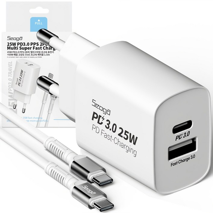 서가 25W PD3.0 PPS 2포트 멀티 C타입 초고속 충전기60W 메탈 고강도 CtoC 초고속 케이블 1.5m, 화이트, 1세트