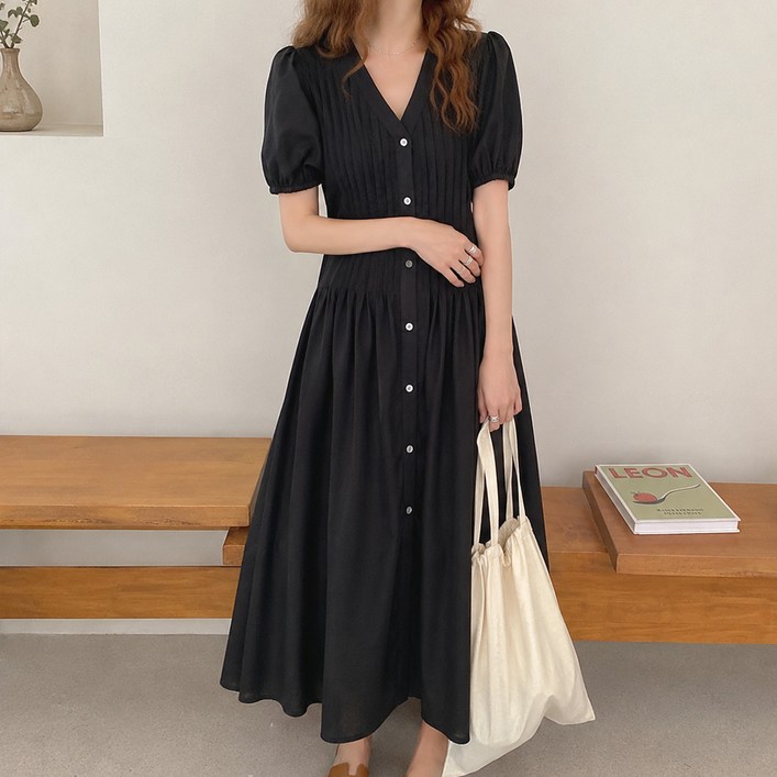 톨른 데일리 퍼프 린넨 롱 원피스 여름 루즈핏 주름 브이넥 디자인