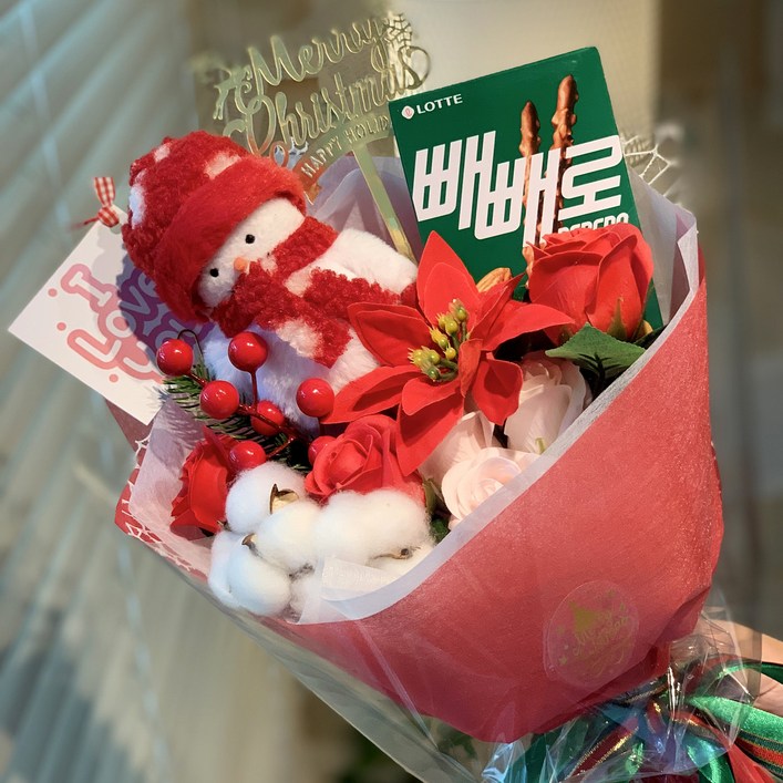 크리스마스선물 크리스마스꽃다발 눈사람+빼빼로 비누꽃다발