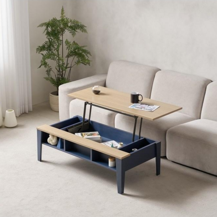 공장판매국내제조 듀얼리프트시스템 좌식탁자겸용 조립필요없는 포텐 거실리프트업테이블, 네이비오크