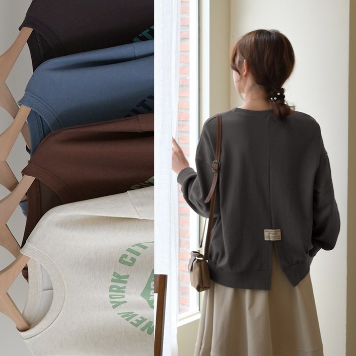 데일리앤 슈피 여성 레터링 프린팅 트임 라벨 맨투맨 가을 쭈리 면 티셔츠 루즈핏 스웻셔츠