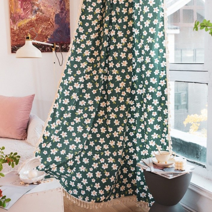 3color 북유럽 그린 데이지 플라워커튼 거실커튼 린넨커튼 맞춤제작 고급커튼 포인트커튼