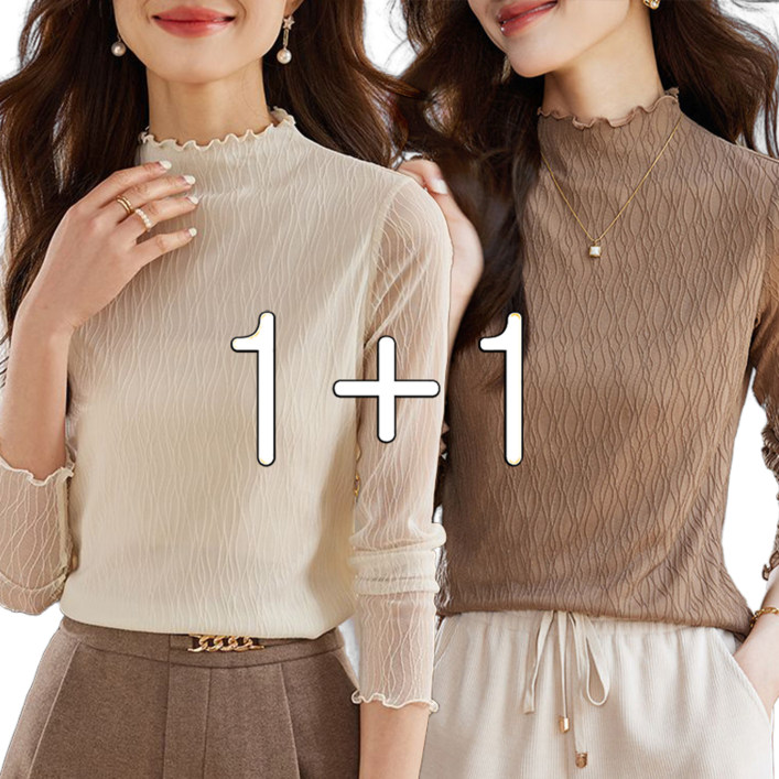 POMTOR 11 여성 레이스 셔츠 반폴라 이너 긴팔 티셔츠