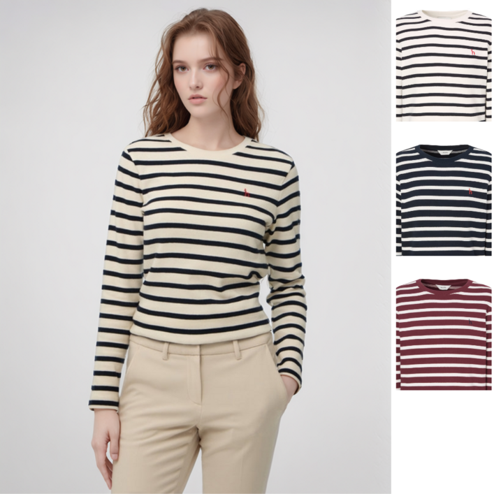 국내매장정품헤지스 여성 면 아이보리 스트라이프 로고자수 긴소매 티셔츠