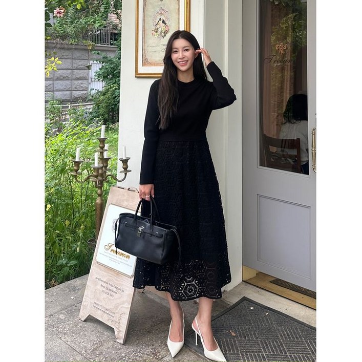 질스튜어트뉴욕 우먼 S사이즈 한정인플루언서 착용 질스튜어트뉴욕 블랙 레이스 코튼혼방 니트 원피스 JSDR3D151BK 339503