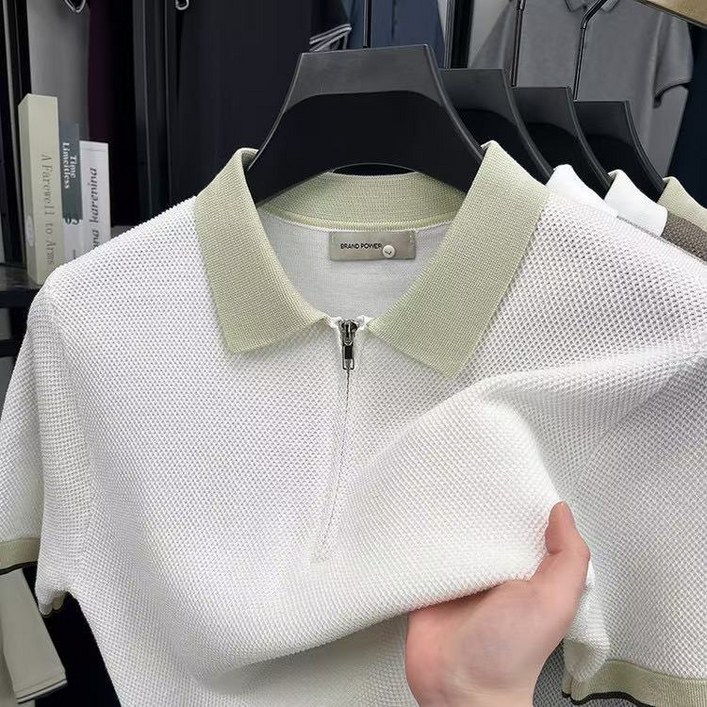 제이오 남성 고급스러운 여름 투톤 집업 반팔 카라 니트