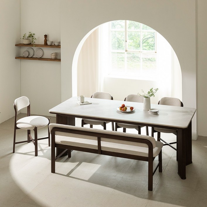 오크빌 알로 6인용 양면 포세린 세라믹 원목 식탁 세트 2000 (의자3+벤치)