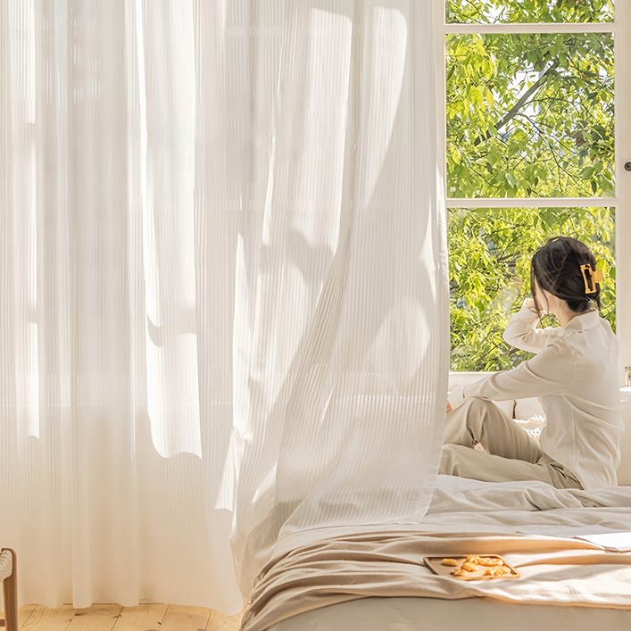 TLOML 쉬폰커튼 스트라이프 커튼 아일렛형 비침없는 도톰차르르 커텐 거실커튼 2P
