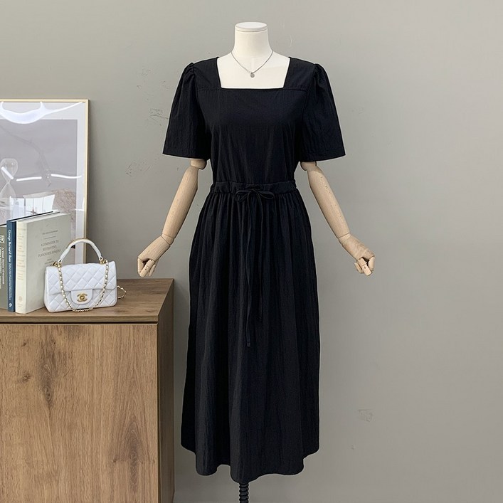 행복여 모에 스퀘어넥 스트링 반팔 플레어 원피스