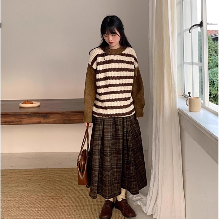 ANYOU 여성 체크 울 스커트 플레어 플리츠 롱 스커트 주름치마