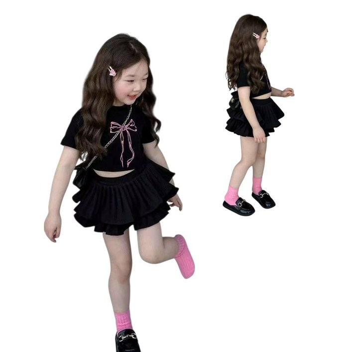 해피팡팡 여아 여름 투피스 세트 크롭티프릴치마 100130호 리본 포인트 투피스 벨리나 크롭티 프릴 세트  100130호  여아투피스 여아상하복세트 외출복 바캉스룩