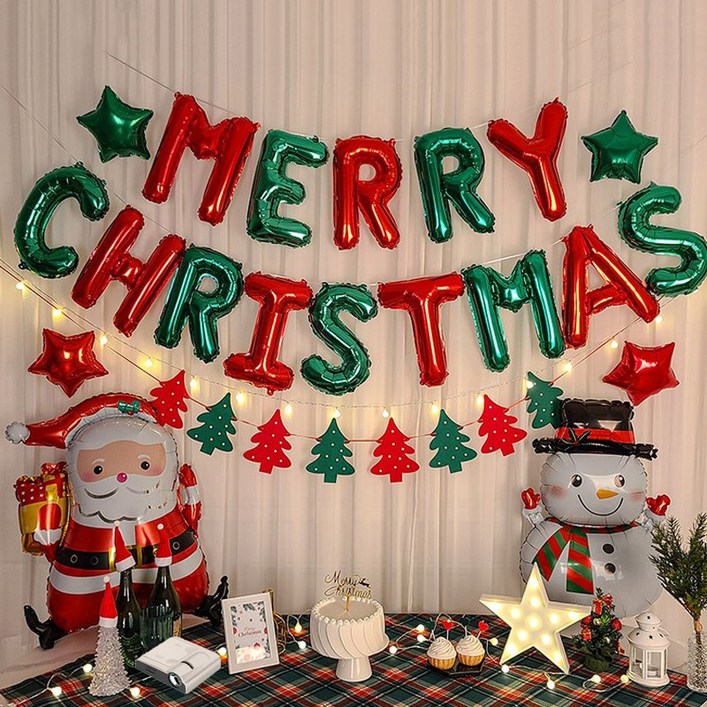 메리 크리스마스 15종 홈 파티 풍선 세트 이니셜 장식 용품 패키지, 01) 메리 크리스마스 - 레드&그린SET