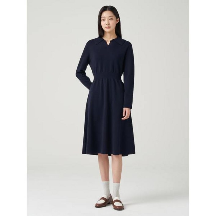 백화점출고 빈폴레이디스 레이스 칼라 핏 앤 플레어 니트 원피스 네이비 BF415UC01R 가디건 겨울 티셔츠 풀오버 캐주얼