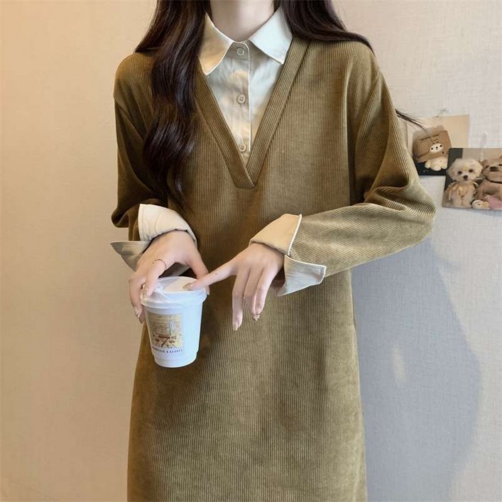 Seofst 여성 빅사이즈 레이어드 배색 롱원피스 가을겨울 루즈핏