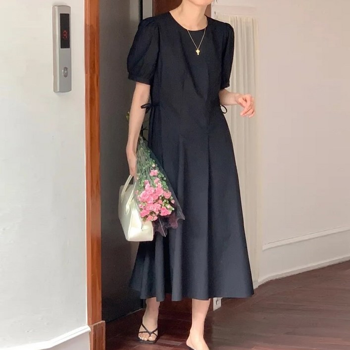 타니즈 루텐 라운드넥 허리끈 핀턱 여름 반팔 롱원피스