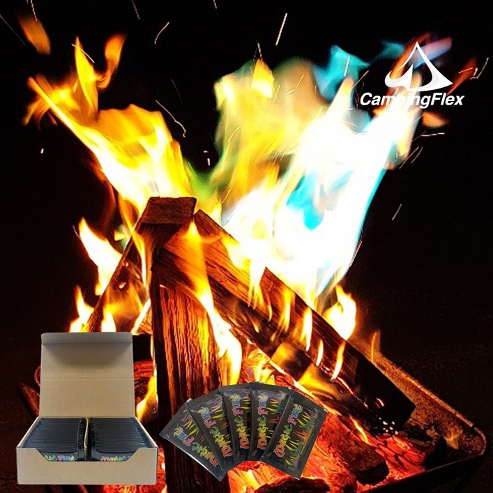 캠핑플렉스 마법불꽃 10g15g25g30g 100개50개 한박스 감성 캠핑 불멍 오로라 매직파이어 레인보우 불꽃 참나무장작 마법가루, 02. 마법불꽃 15g 100개, 50개