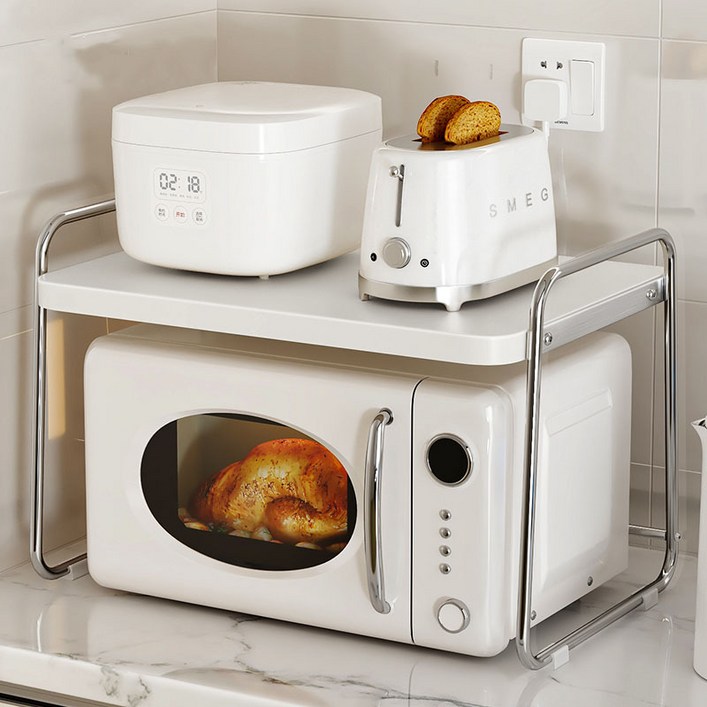 Life Rhythm 주방 전자레인지 선반 조립식 무타공 밥솥 수납 선반 렌지대, 화이트, 2단