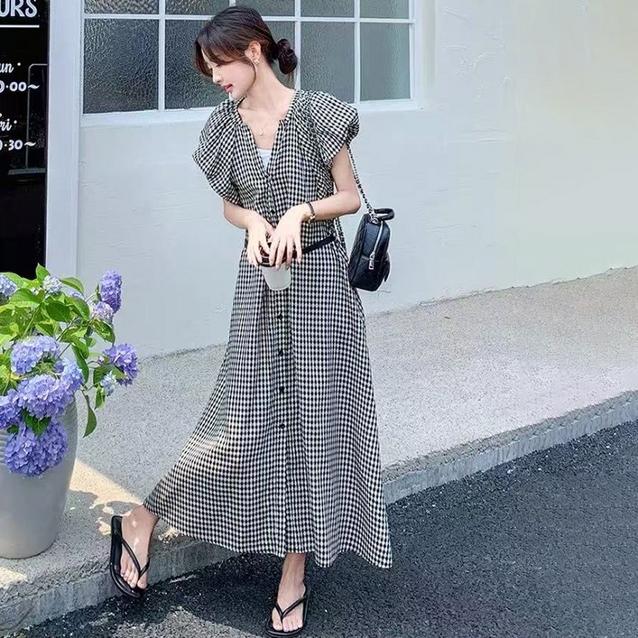 여름 체크 롱원피스 여성 브이넥 프릴 소매 허리벨트 반팔 원피스 휴양지 데일리룩